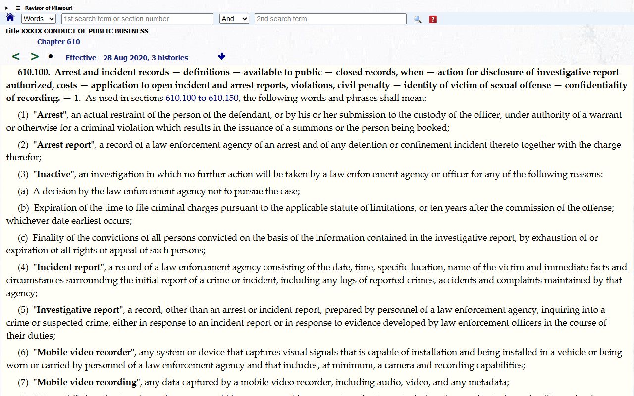 Howell County criminal court records Missouri arrest and incident records statute