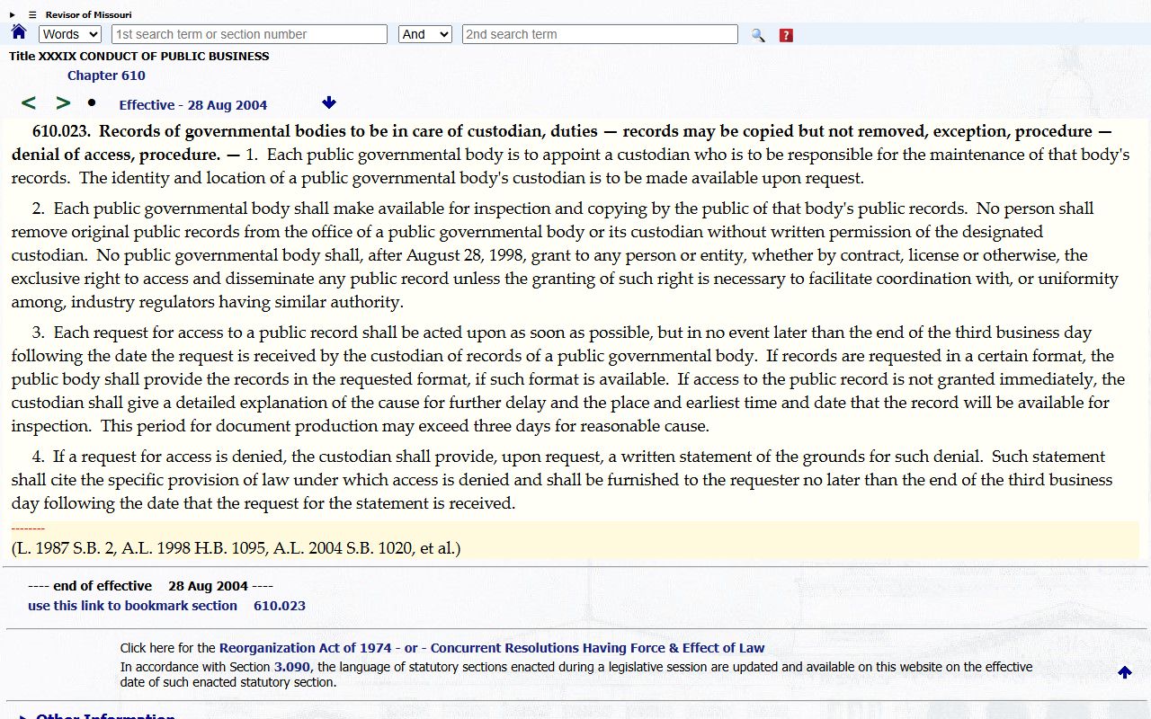 Howell County warrant records Missouri public records custodian statute